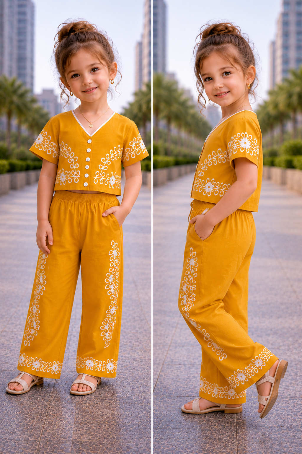 Girls Premium Viscose Printed Co-Ord Set – Mustard Yellow