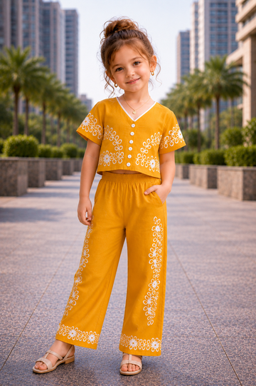 Girls Premium Viscose Printed Co-Ord Set – Mustard Yellow